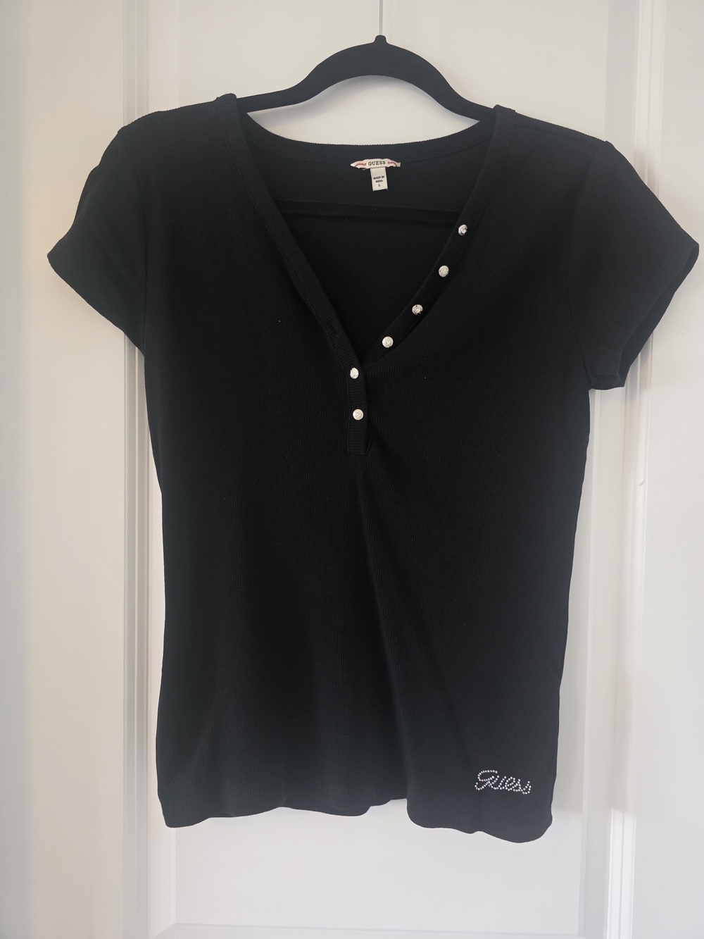 Guess Black Short-Sleeve V-Henley Top with Rhinestone Logo